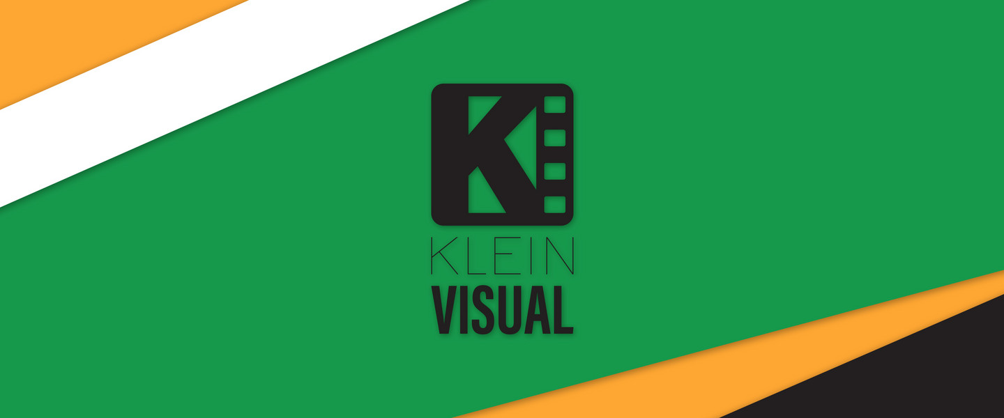 An abstract design of layered green, orange, black, and white diagonal shapes overlayed with the Klein Visual logo in black.