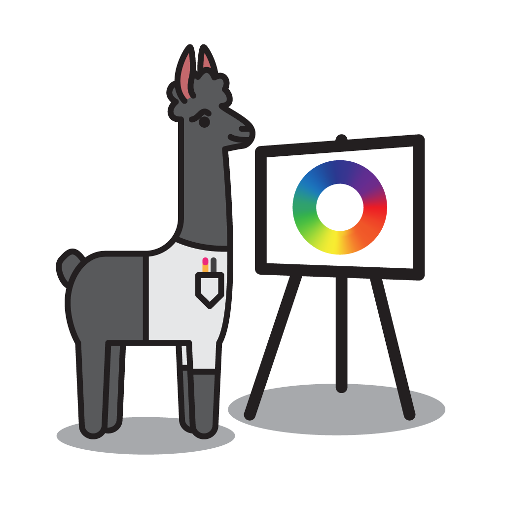 An illustrated cartoon llama stands in front of an easel displaying a color wheel.
