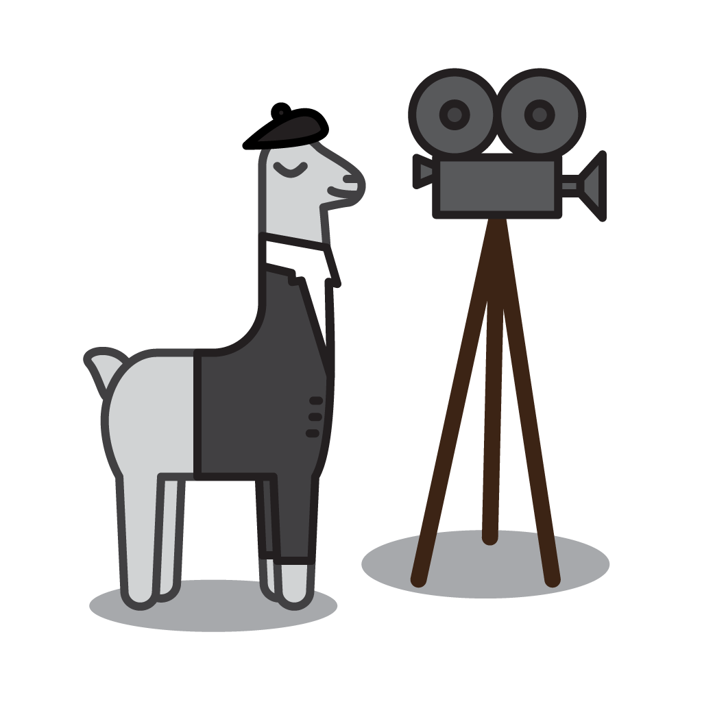 An illustrated cartoon llama with an old film camera on a tripod.