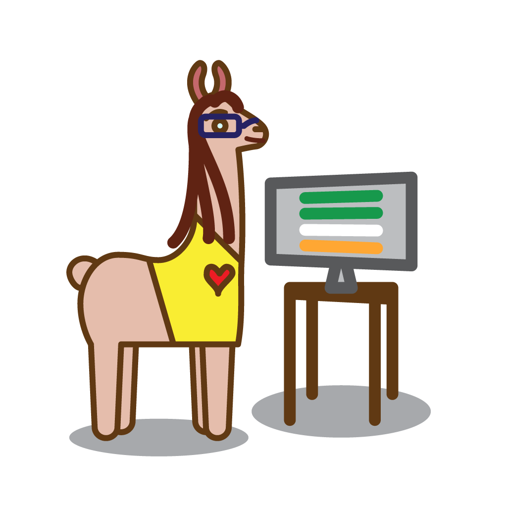 An illustrated cartoon llama stands in front of a computer screen with a generic website shown.