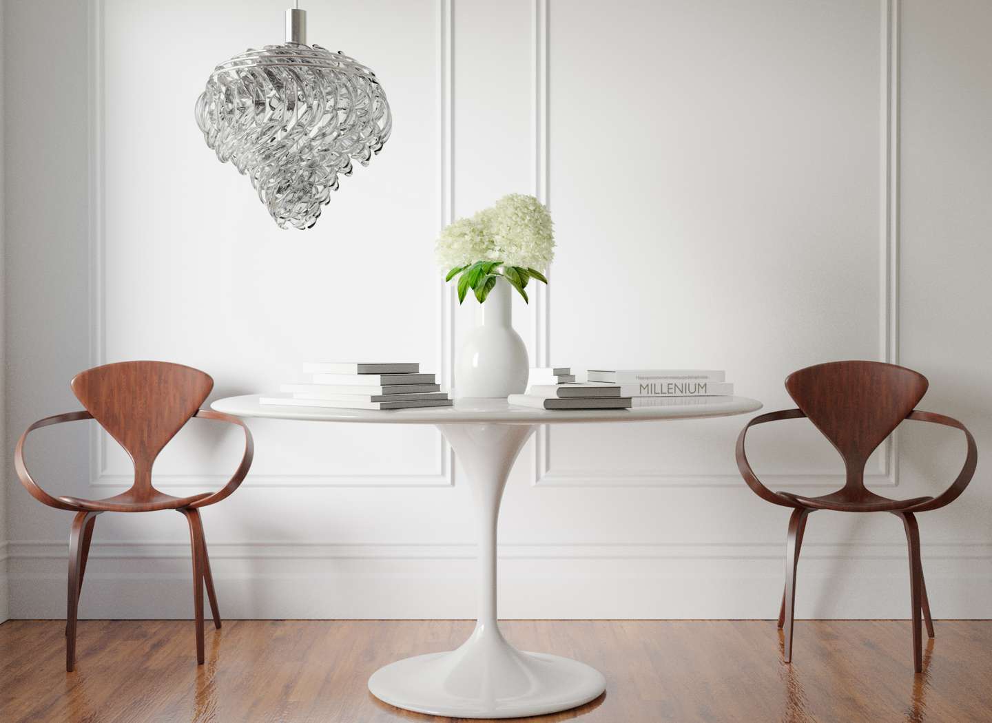 A architectural interior rendering of a minimal but sunlit room with white walls, wood panel floor, and a table and chairs.