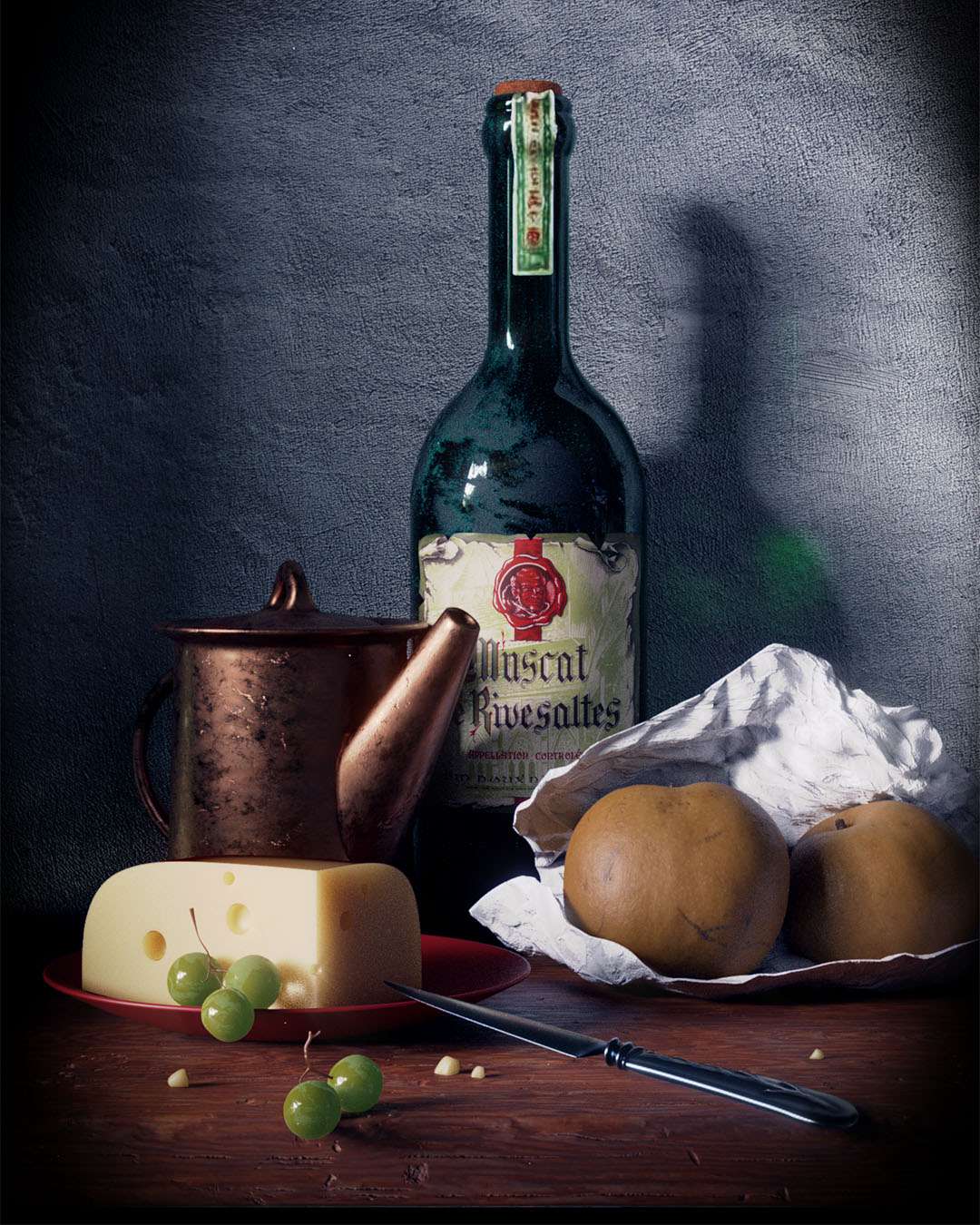 A still life rendering depicting cheese, wine, a brass pot, and pears placed on a rustic wooden table.