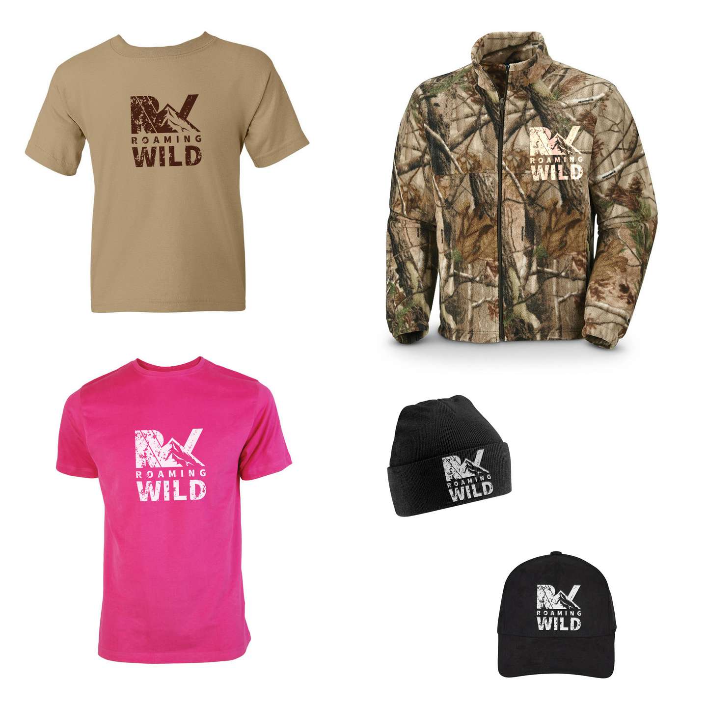 Roaming Wild logo on several products including shirts, jackets, and hats]